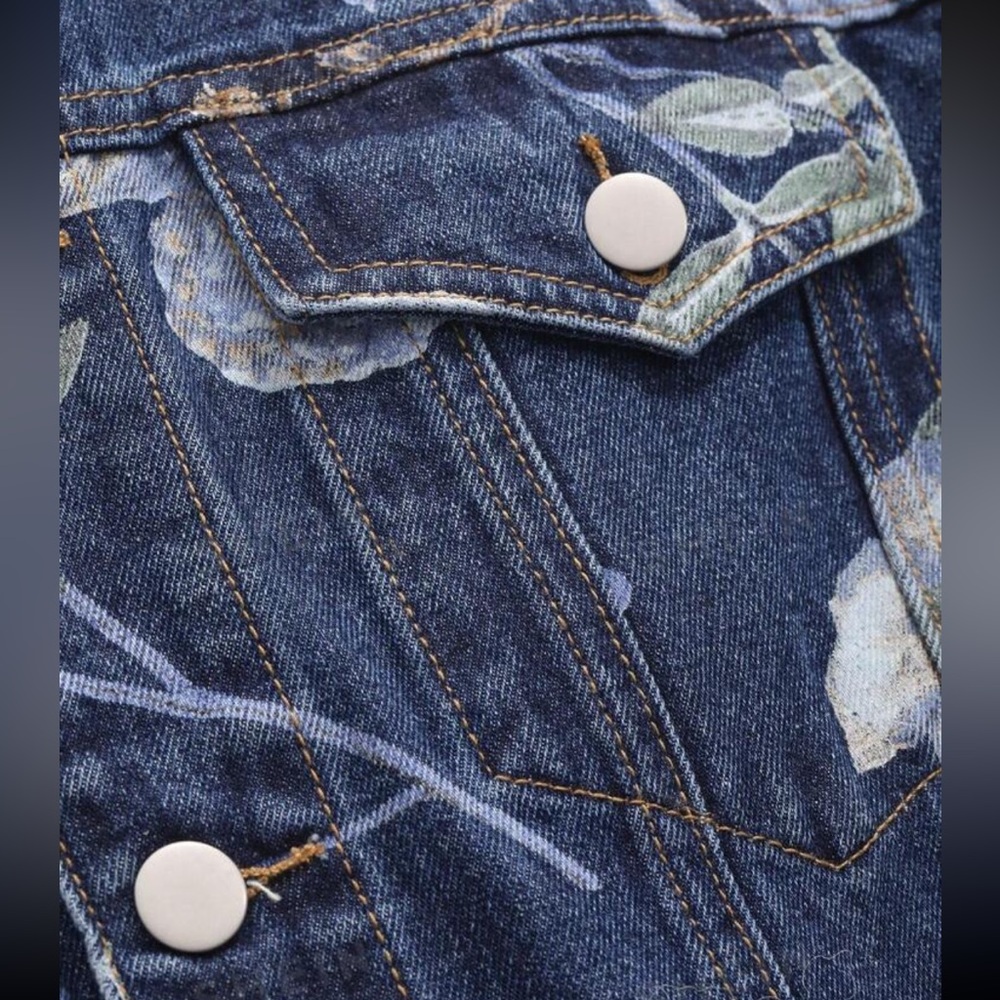 Boho Floral Print Pocket Denim Jeans Jacket Blue - Picture 3 of 4